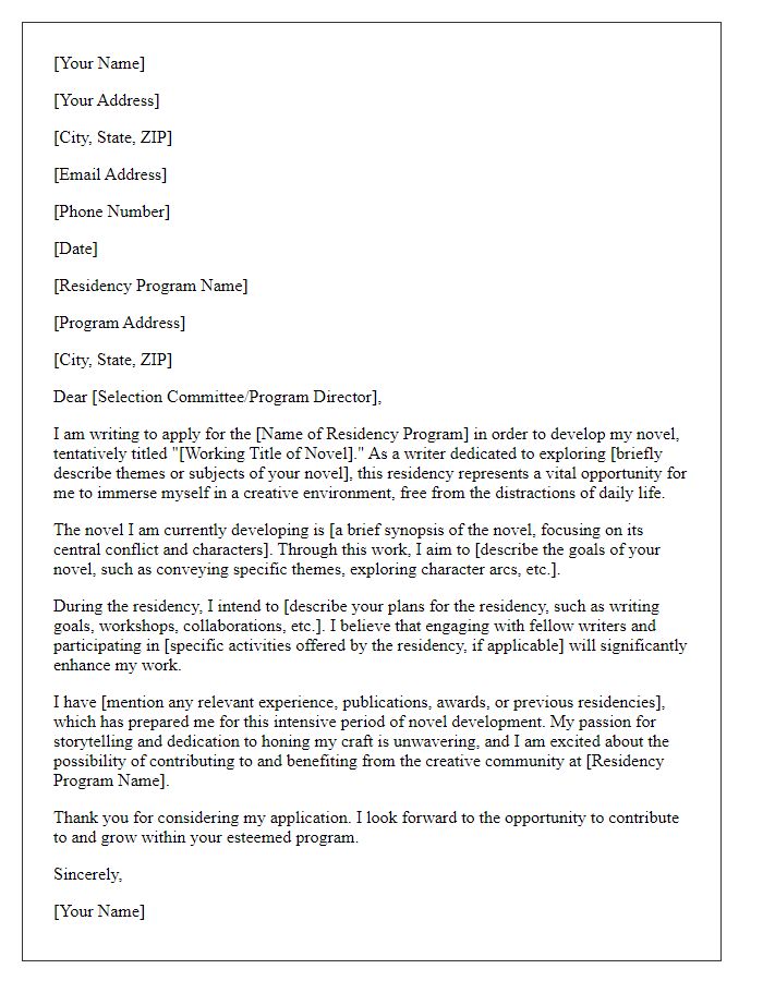 Letter template of author residency application focusing on novel development.