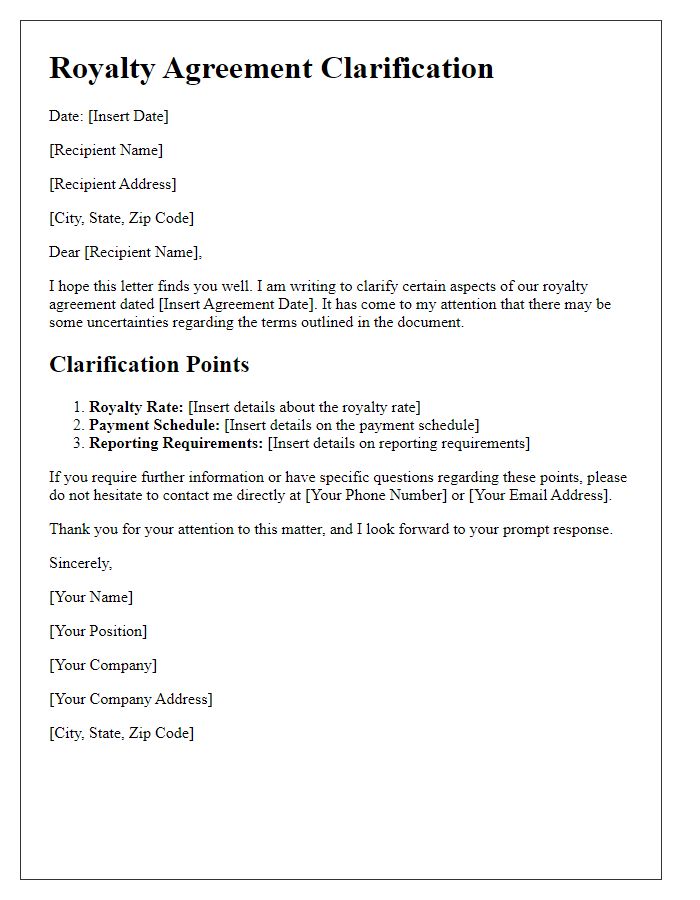 Letter template of royalty agreement clarification