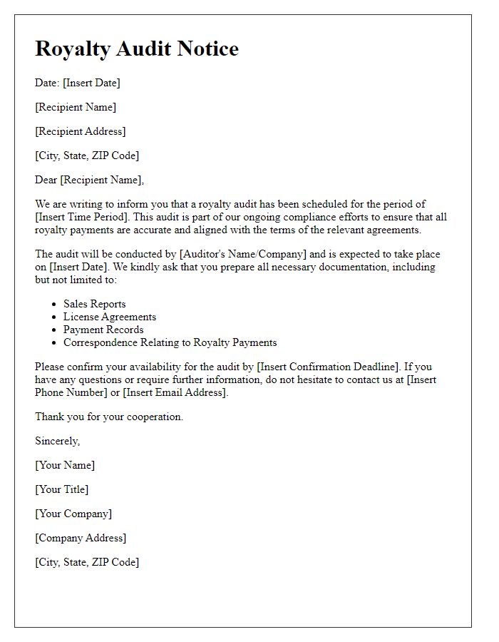 Letter template of royalty audit notice