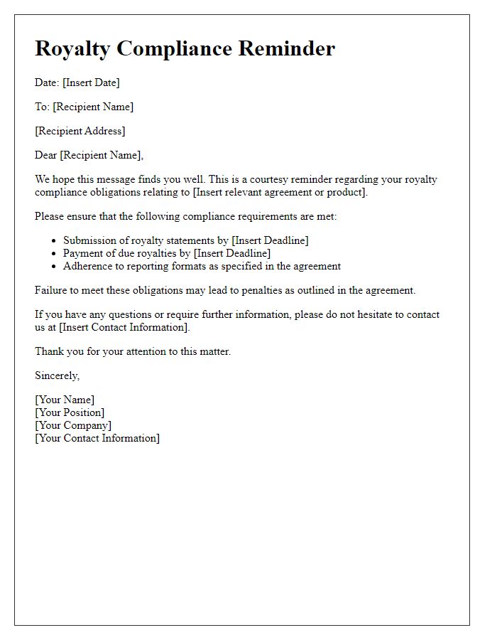 Letter template of royalty compliance reminder