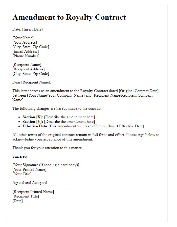 Letter template of royalty contract amendment