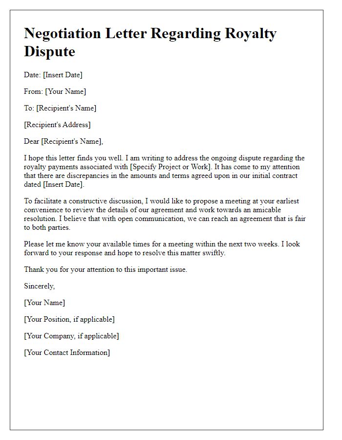 Letter template of royalty dispute negotiation