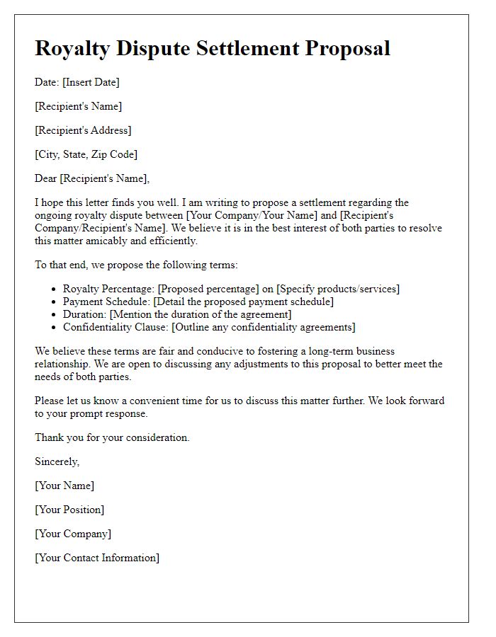 Letter template of royalty dispute settlement proposal