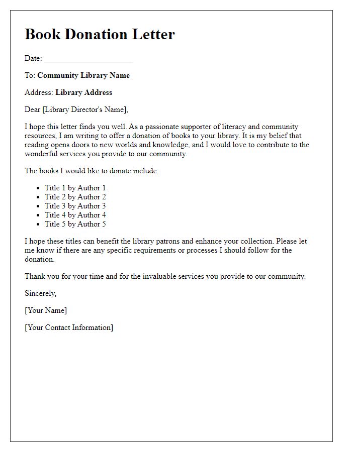 Letter template of book donation for community libraries.