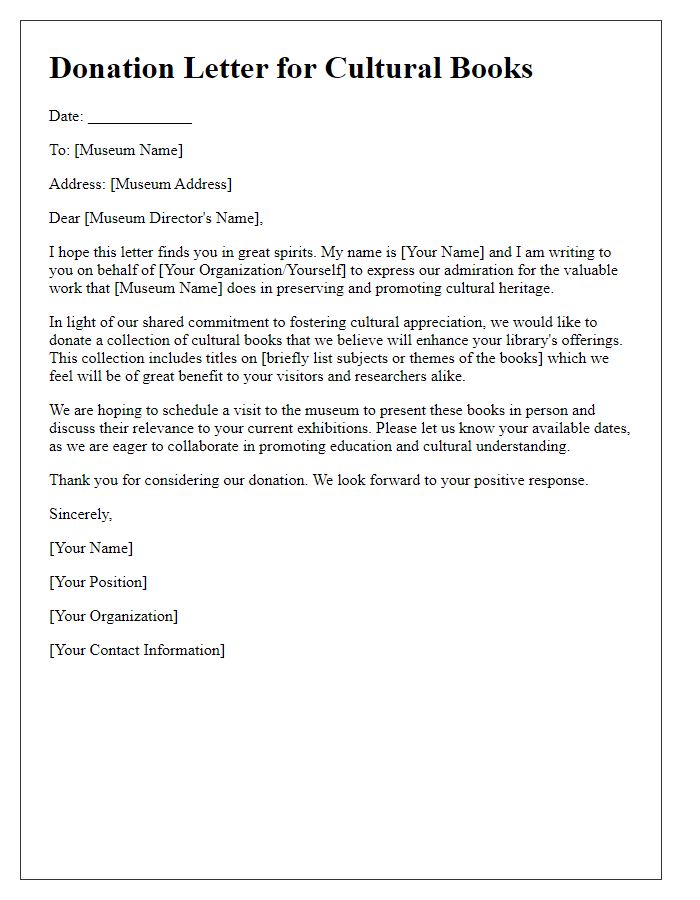 Letter template of donation for cultural books to museums.