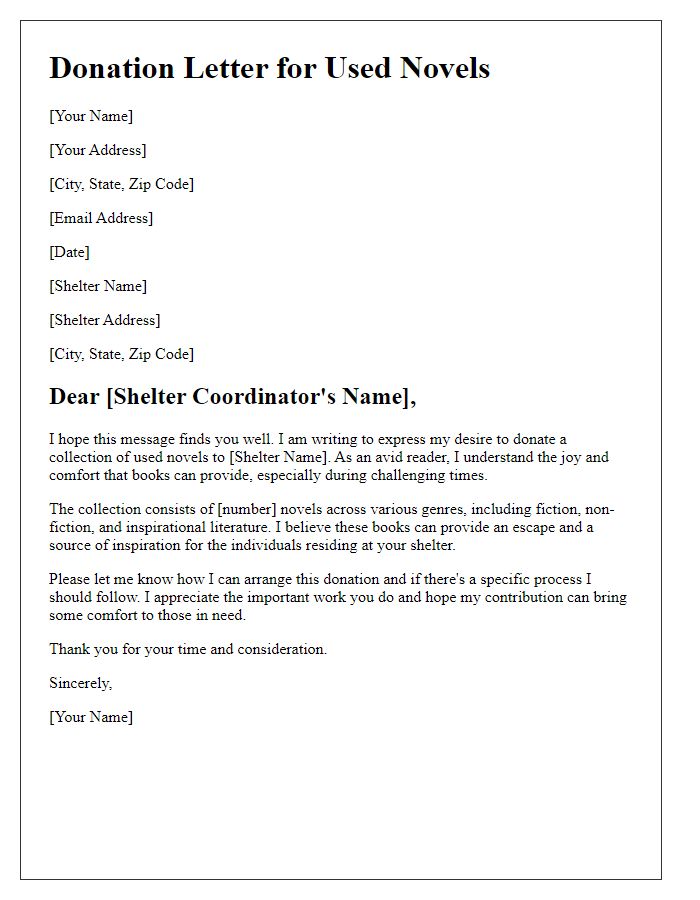 Letter template of donation for used novels to shelters.