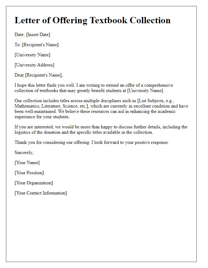 Letter template of offering a collection of textbooks to universities.