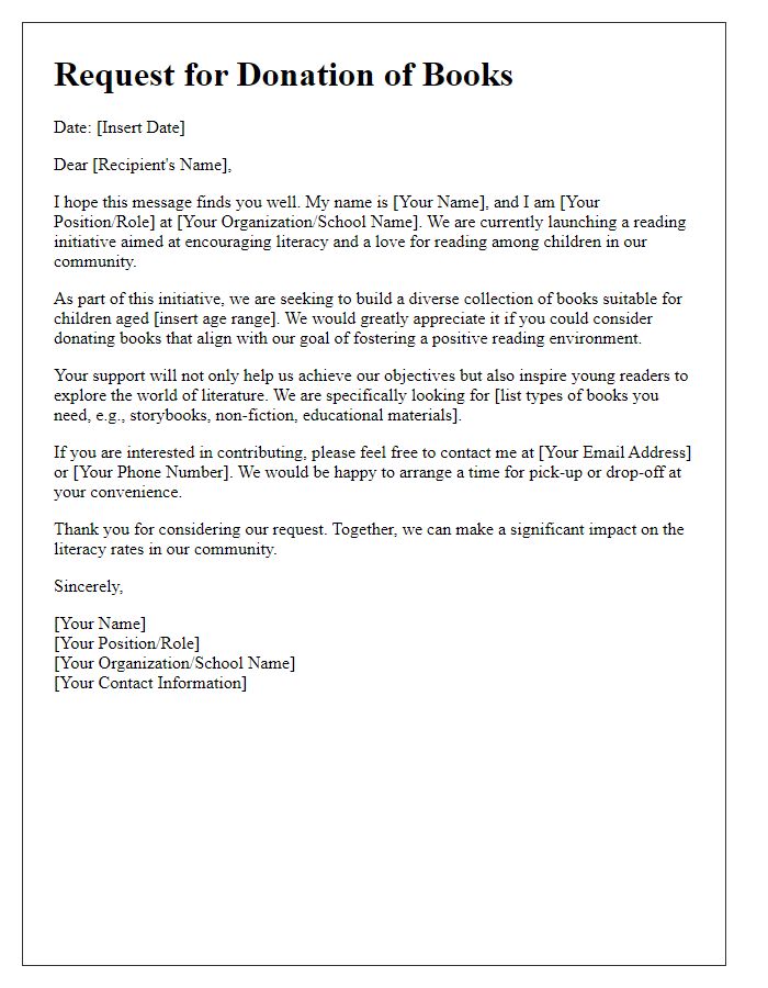 Letter template of request for books for a reading initiative.