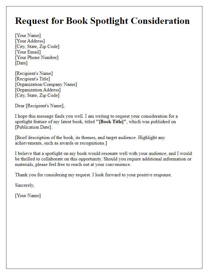 Letter template of request for book spotlight consideration