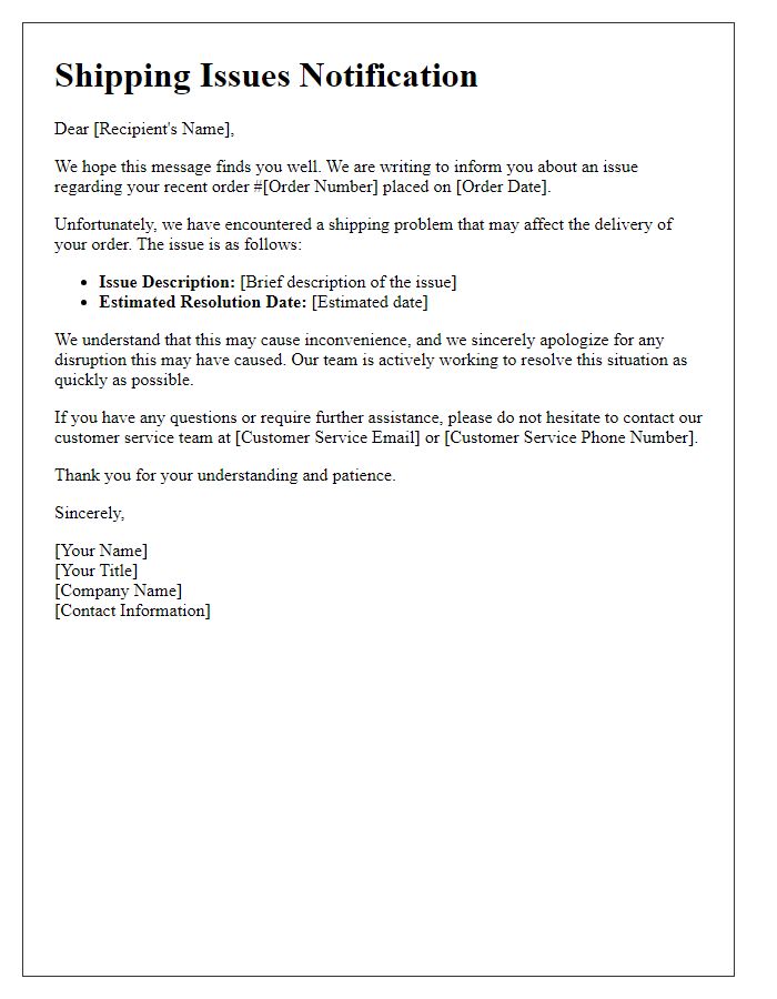 Letter template of shipping issues notification to recipients