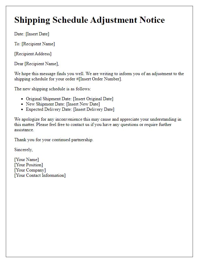 Letter template of shipping schedule adjustment notice