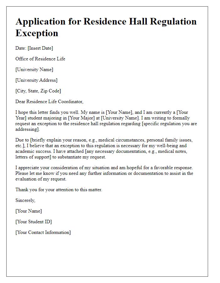 Letter template of application for residence hall regulation exception.