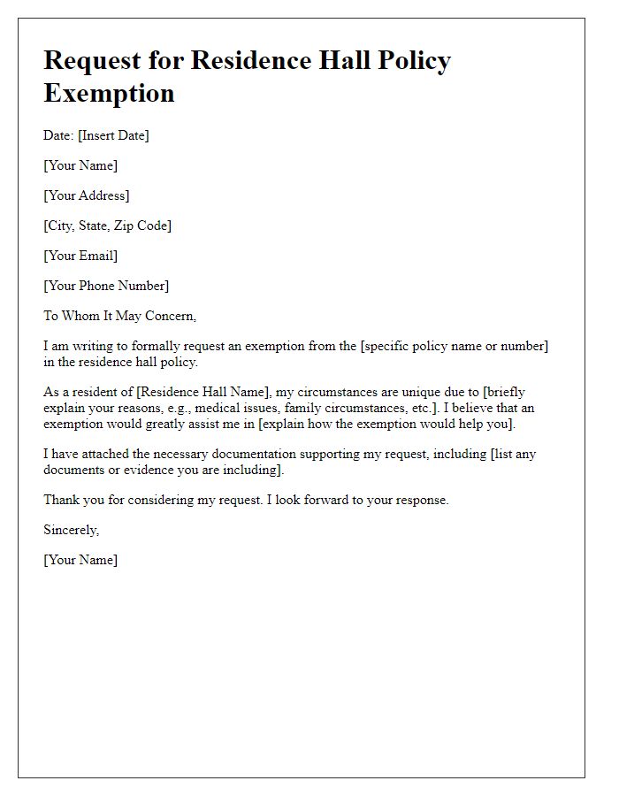 Letter template of request for residence hall policy exemption.