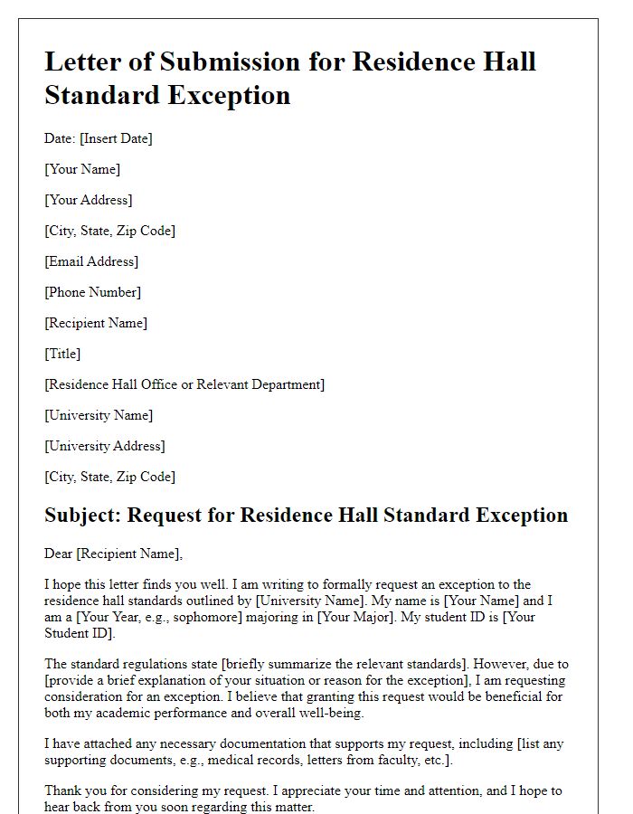 Letter template of submission for residence hall standard exception.