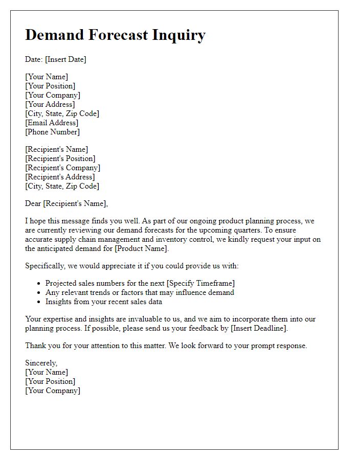 Letter template of demand forecast inquiry for product planning