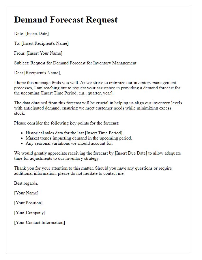 Letter template of demand forecast request for inventory management