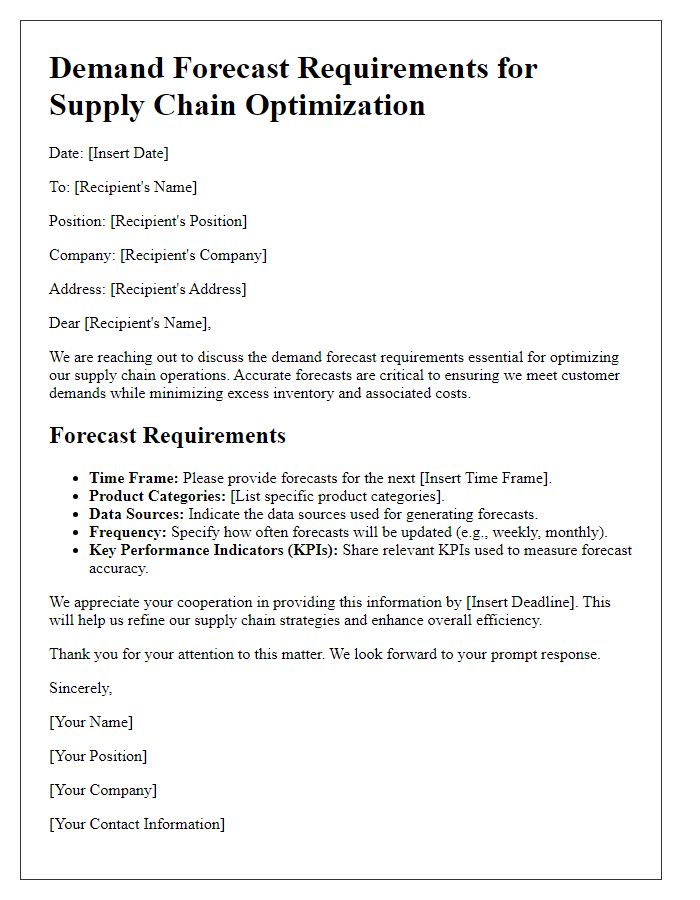 Letter template of demand forecast requirements for supply chain optimization