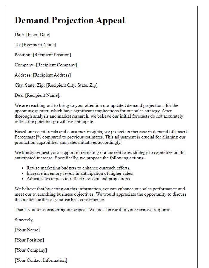 Letter template of demand projection appeal for sales strategy