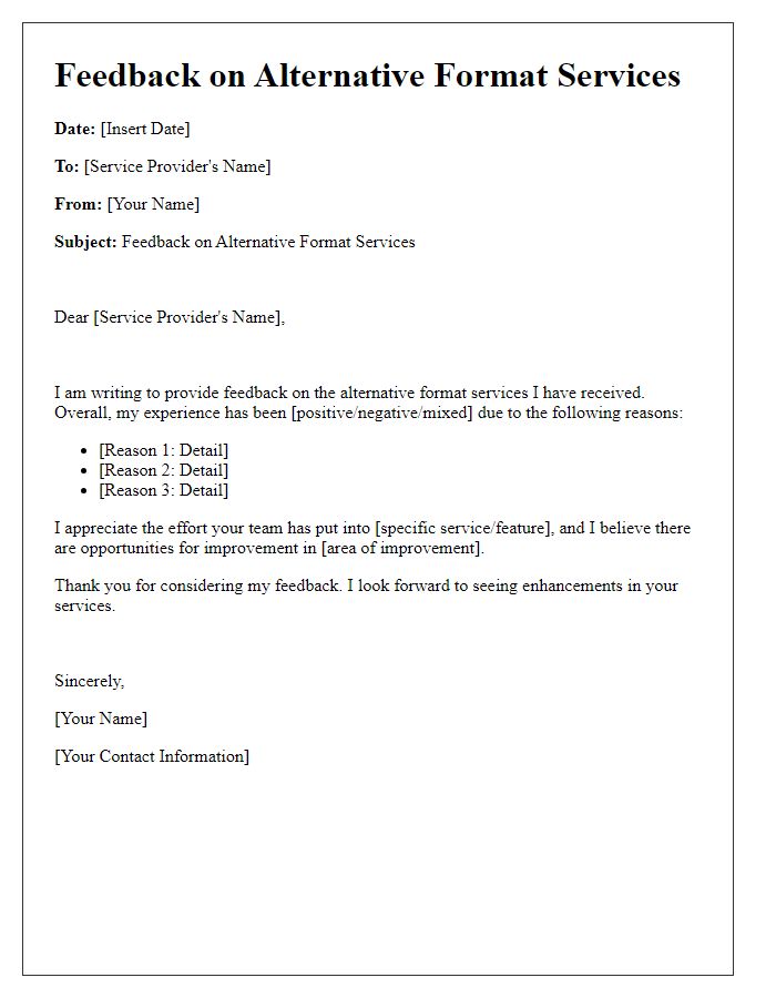 Letter template of feedback on alternative format services