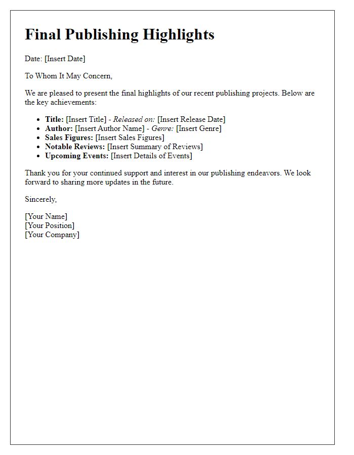 Letter template of Final Publishing Highlights