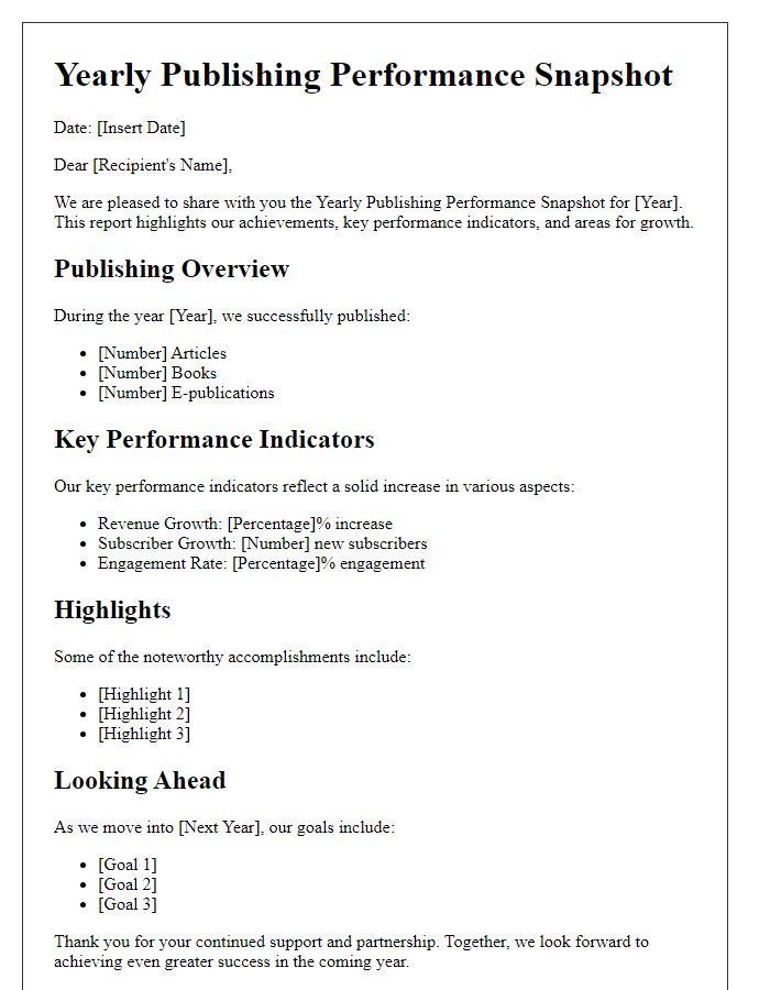 Letter template of Yearly Publishing Performance Snapshot