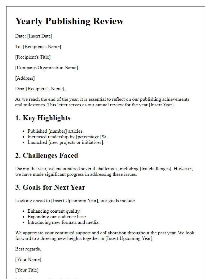 Letter template of Yearly Publishing Review