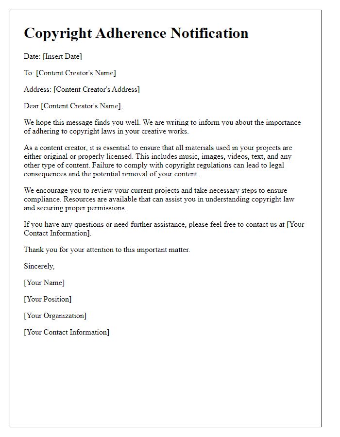 Letter template of copyright adherence notification for content creators