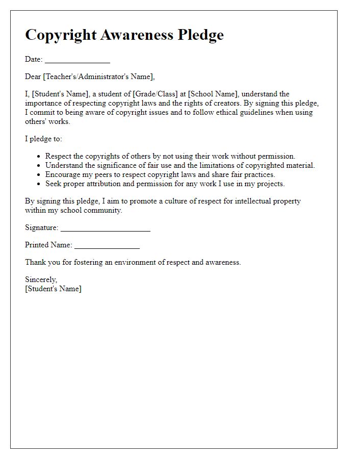 Letter template of copyright awareness pledge for students