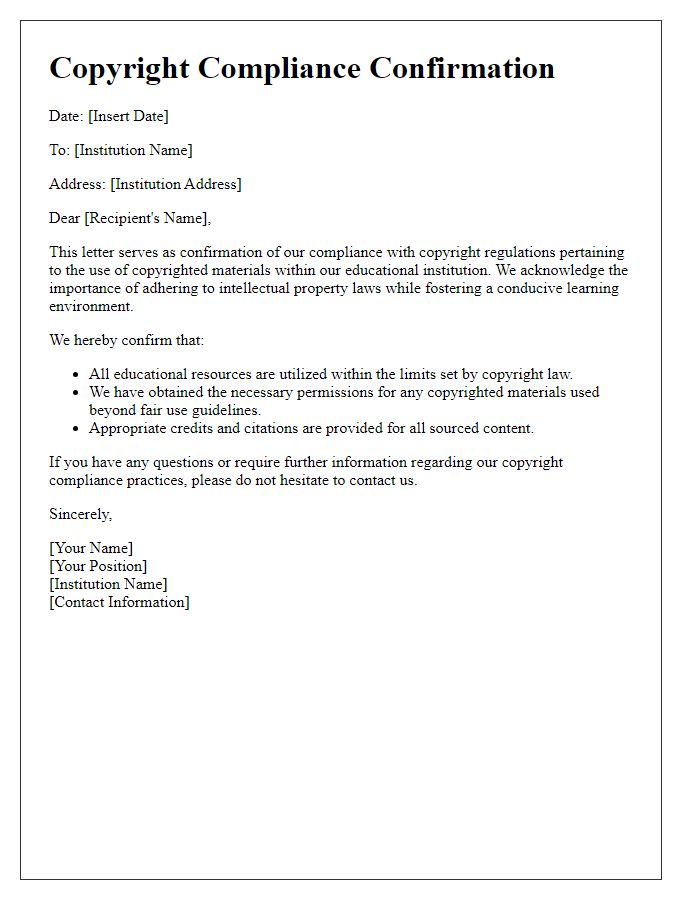 Letter template of copyright compliance confirmation for educational institutions