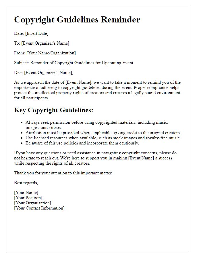 Letter template of copyright guidelines reminder for event organizers