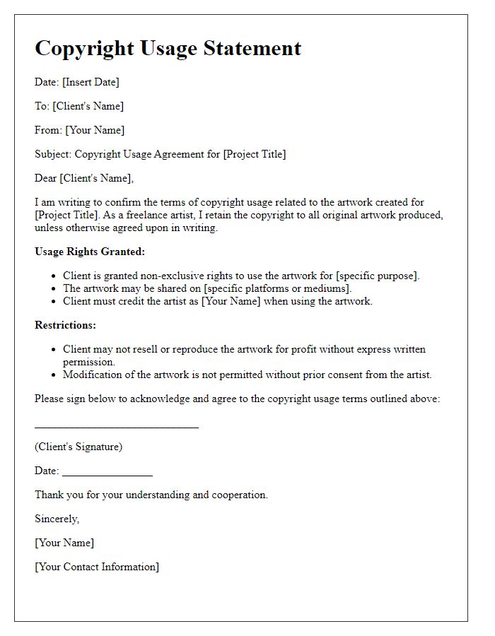 Letter template of copyright usage statement for freelance artists