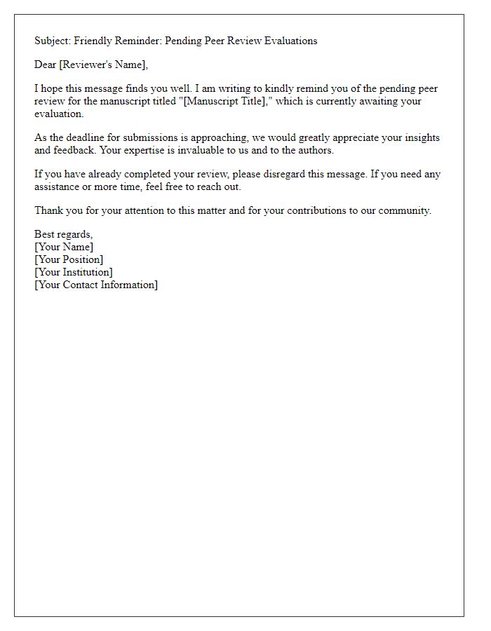 Letter template of peer review reminder for pending evaluations.