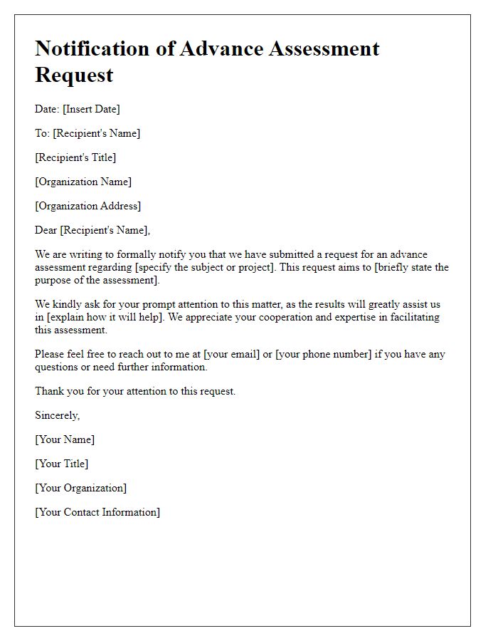 Letter template of notification for advance assessment request