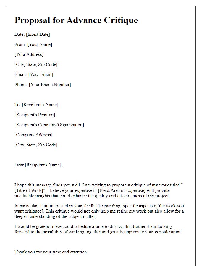 Letter template of proposal for advance critique