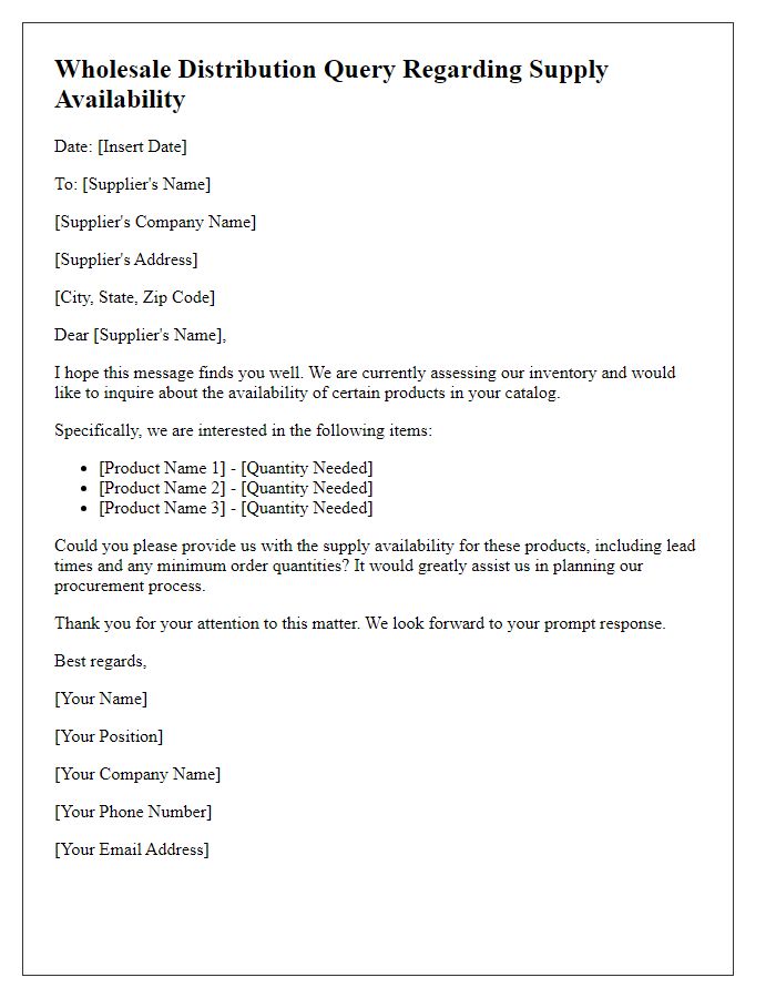 Letter template of Wholesale Distribution Query Regarding Supply Availability