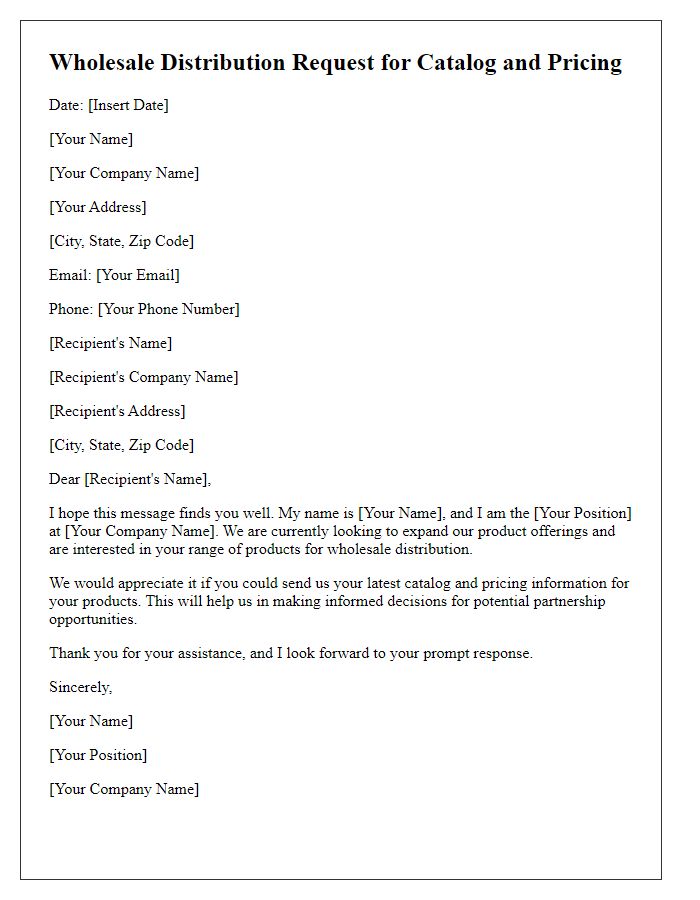 Letter template of Wholesale Distribution Request for Catalog and Pricing