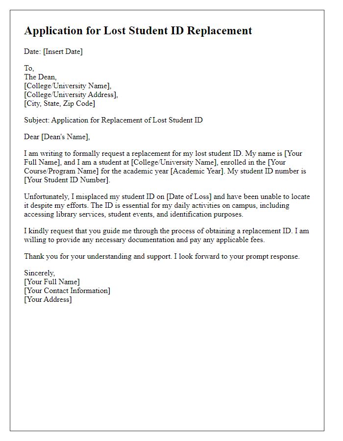 Letter template of application for lost student ID replacement for college students.