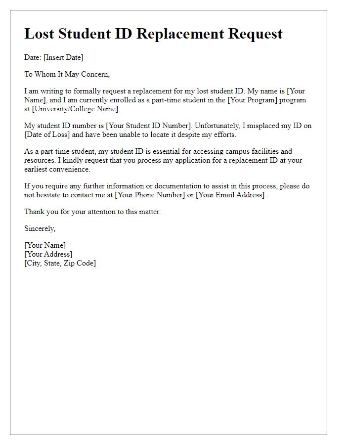 Letter template of documentation for lost student ID replacement for part-time students.