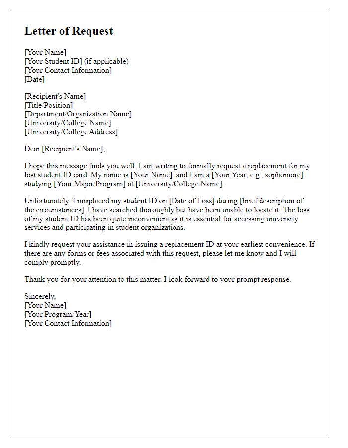 Letter template of formal request for lost student ID replacement for student organizations.