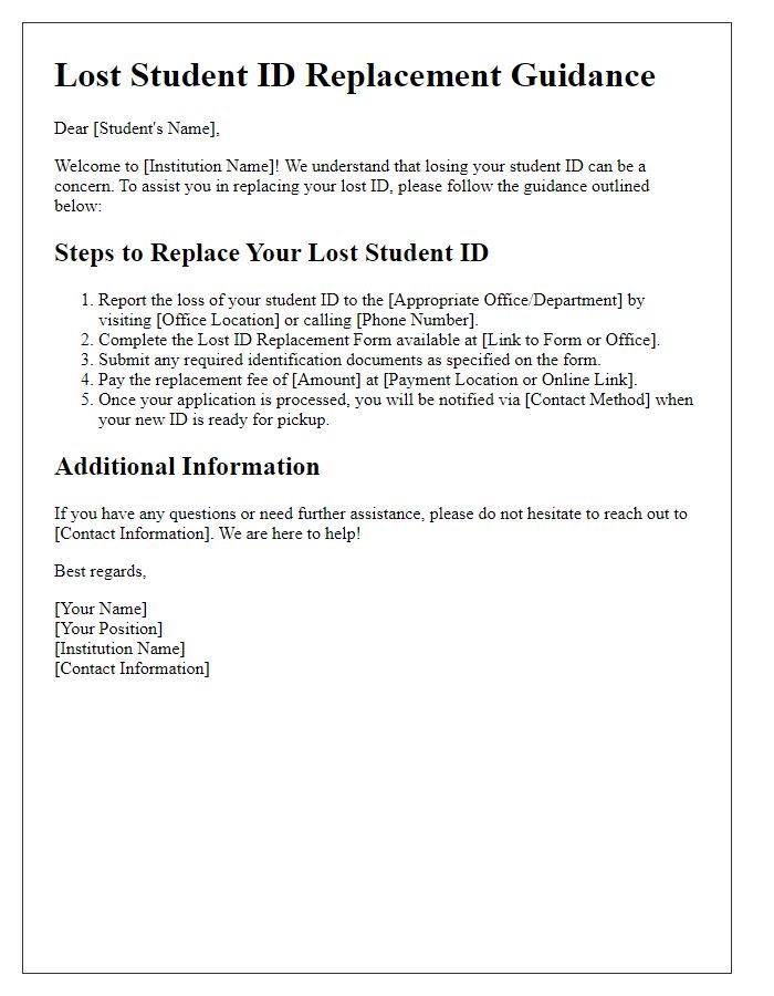 Letter template of guidance for lost student ID replacement for newly enrolled students.