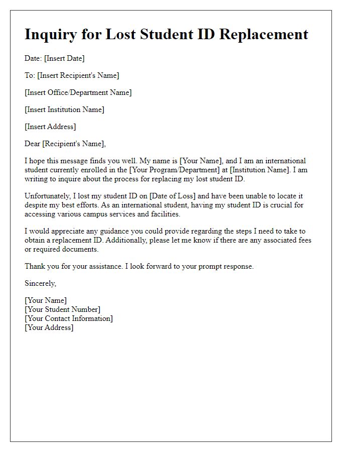 Letter template of inquiry for lost student ID replacement for international students.