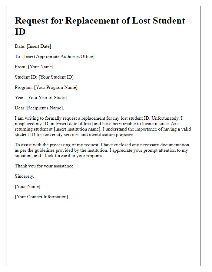 Letter template of report for lost student ID replacement for returning students.