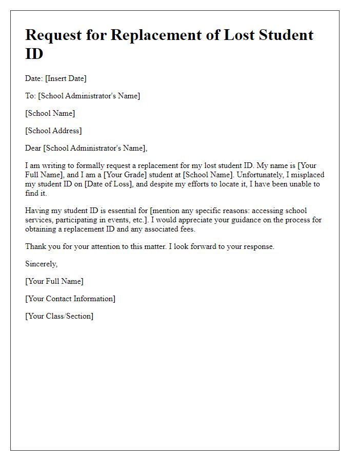 Letter template of request for lost student ID replacement for high school students.