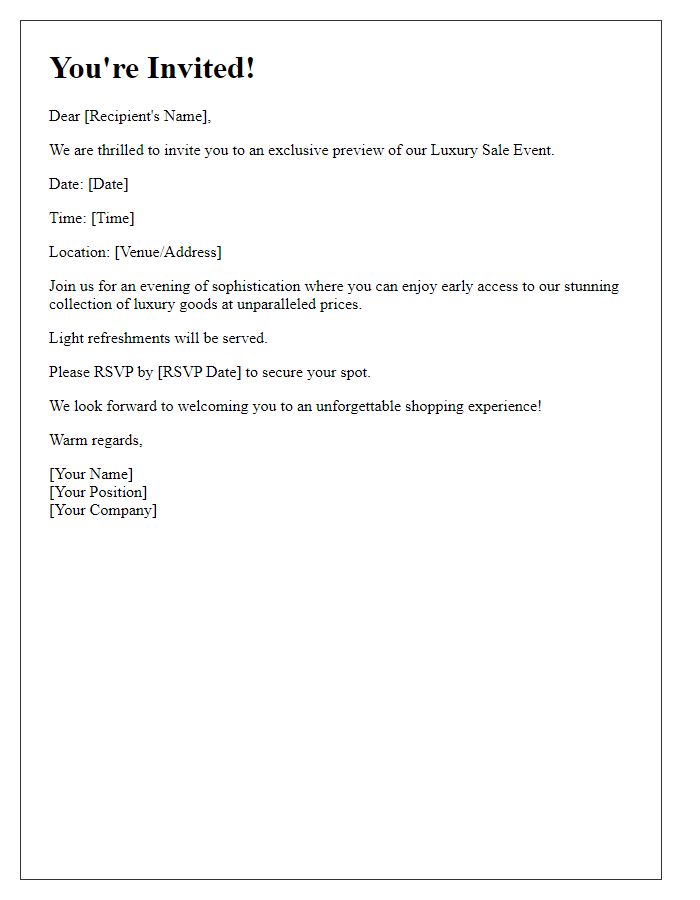 Letter template of invitation for luxury sale event preview