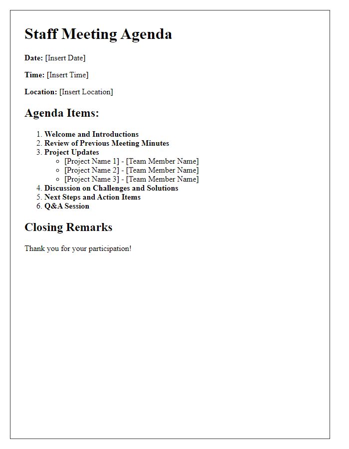 Letter template of staff meeting agenda for project updates