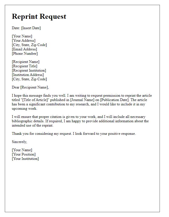 Letter template of reprint request for academic authors.