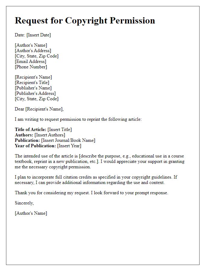 Letter template of reprint request for authors seeking copyright permission.