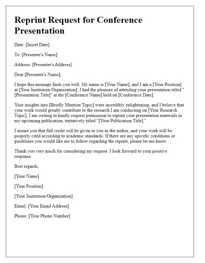 Letter template of reprint request for conference presenters.