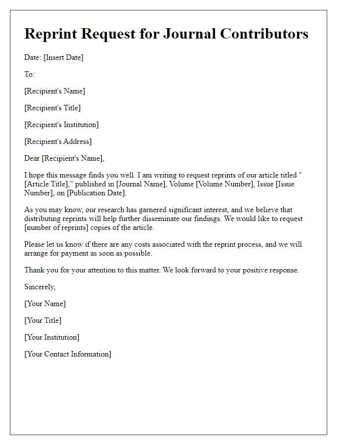 Letter template of reprint request for journal contributors.