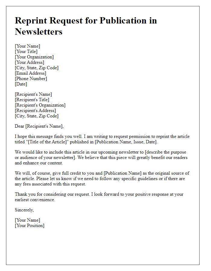 Letter template of reprint request for publication in newsletters.